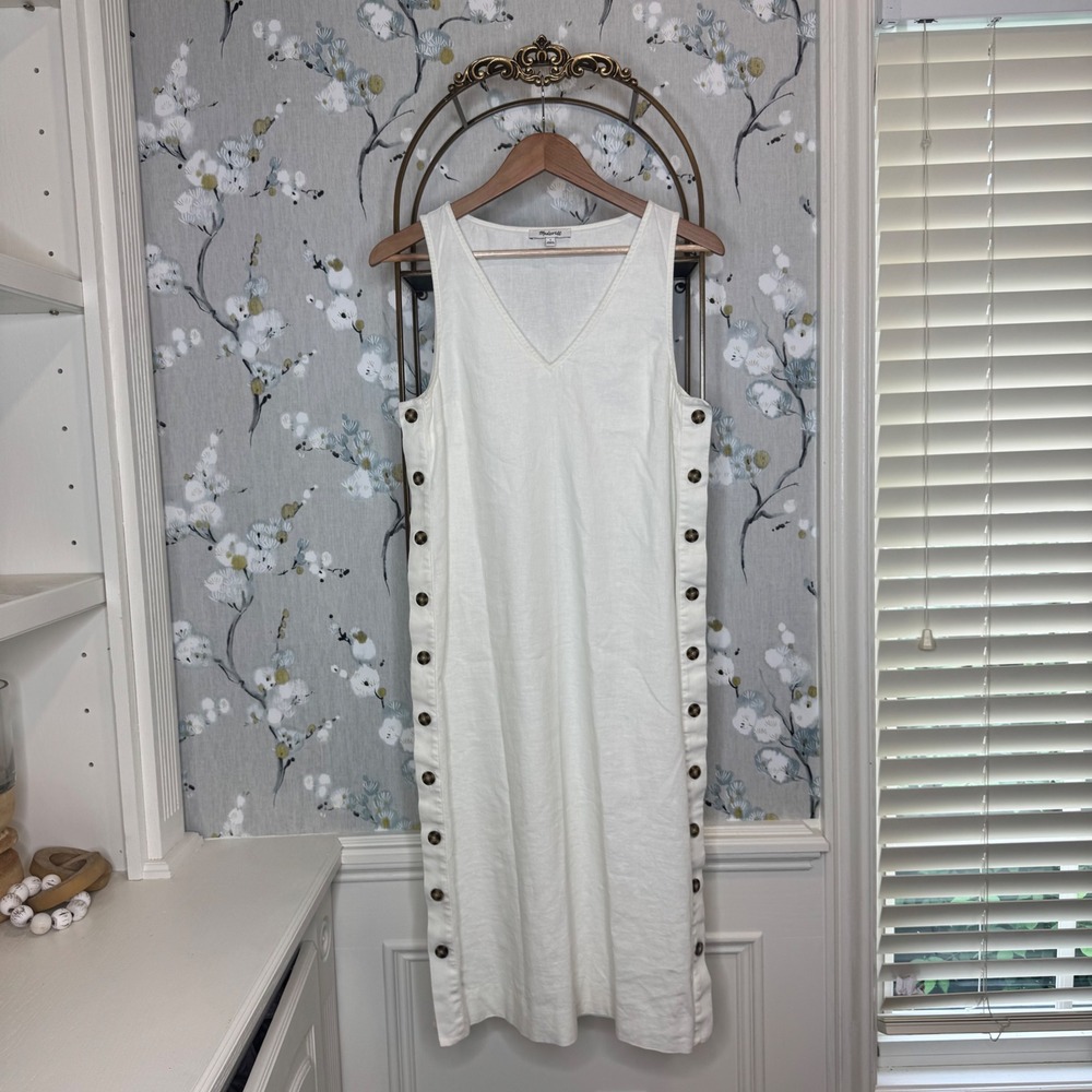 Madewell Womens White Linen Blend Side Button V-Neck Midi Tank Dress Small